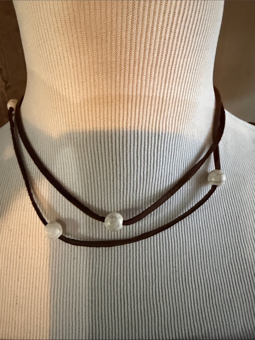 Double Strand Brown Leather Cord Necklace with White Beads. Choker or long
